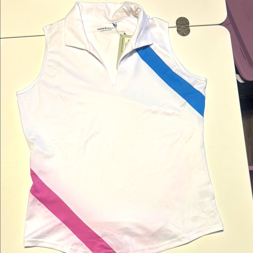 Women's Sleeveless Golf Top white with Pink and Blue Stripes #43